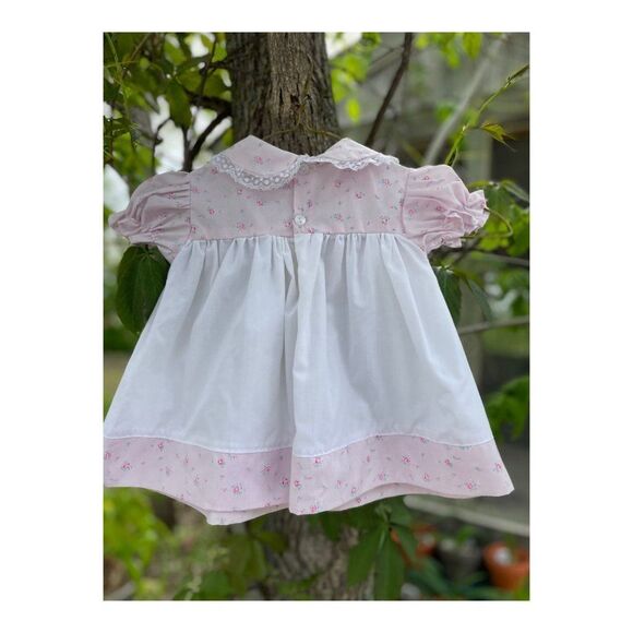 Vintage Mini Togs Dress Pinafore Style Short Puff Sleeve Pink Floral - Picture 2 of 3